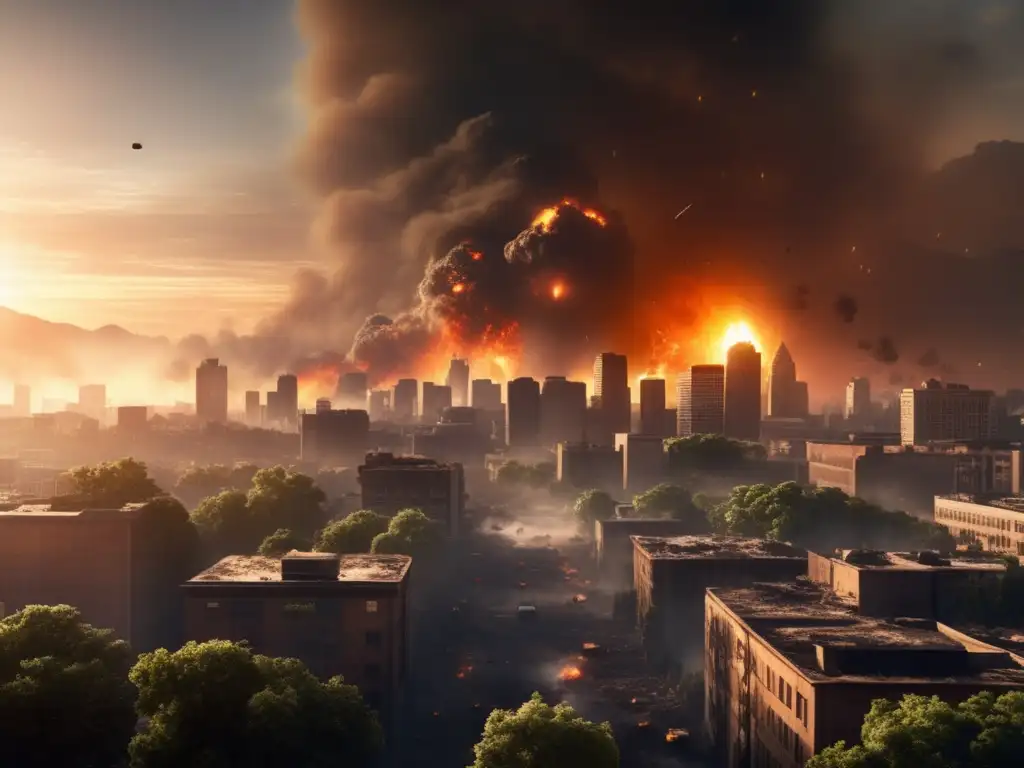 A photorealistic image of a heavily polluted city skyline undergoing a catastrophic asteroid impact