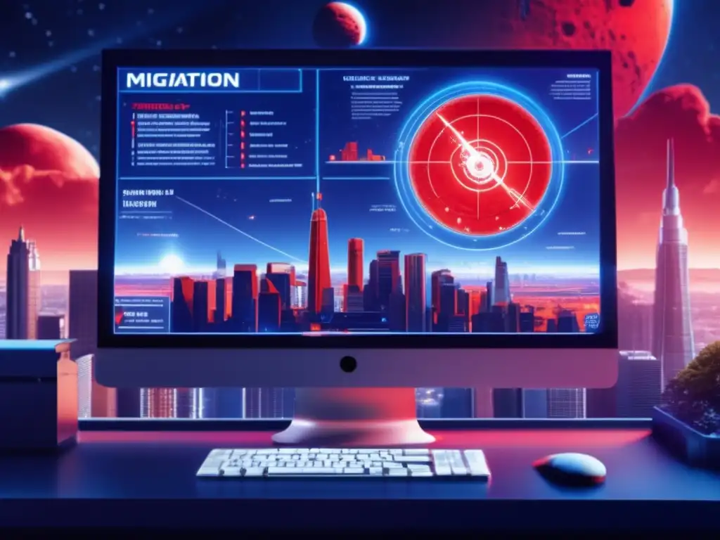In the midst of the meticulously detailed city skyline, a digital blueprint of a city under threat of an asteroid strike looms, as a trembling hand hovers over the red 'Mitigation Strategies' button