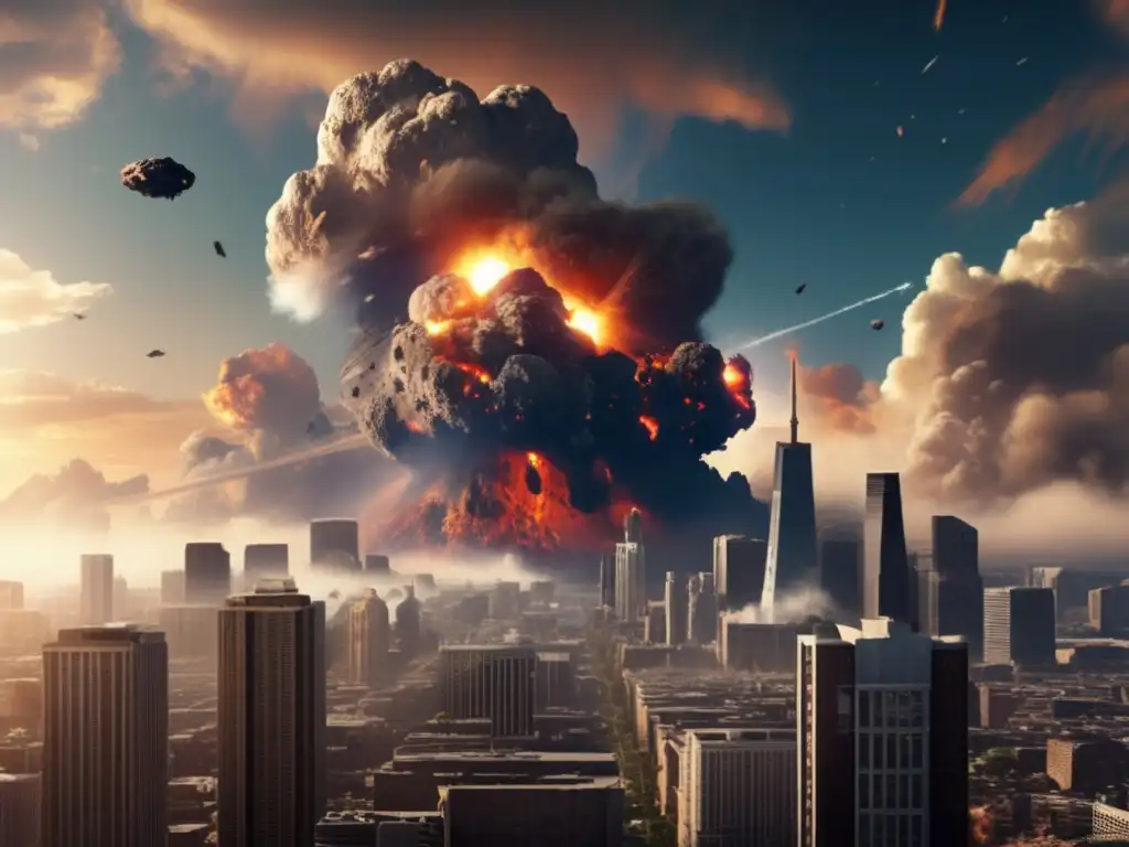 A photorealistic depiction of a city in chaos, struck by an enormous asteroid