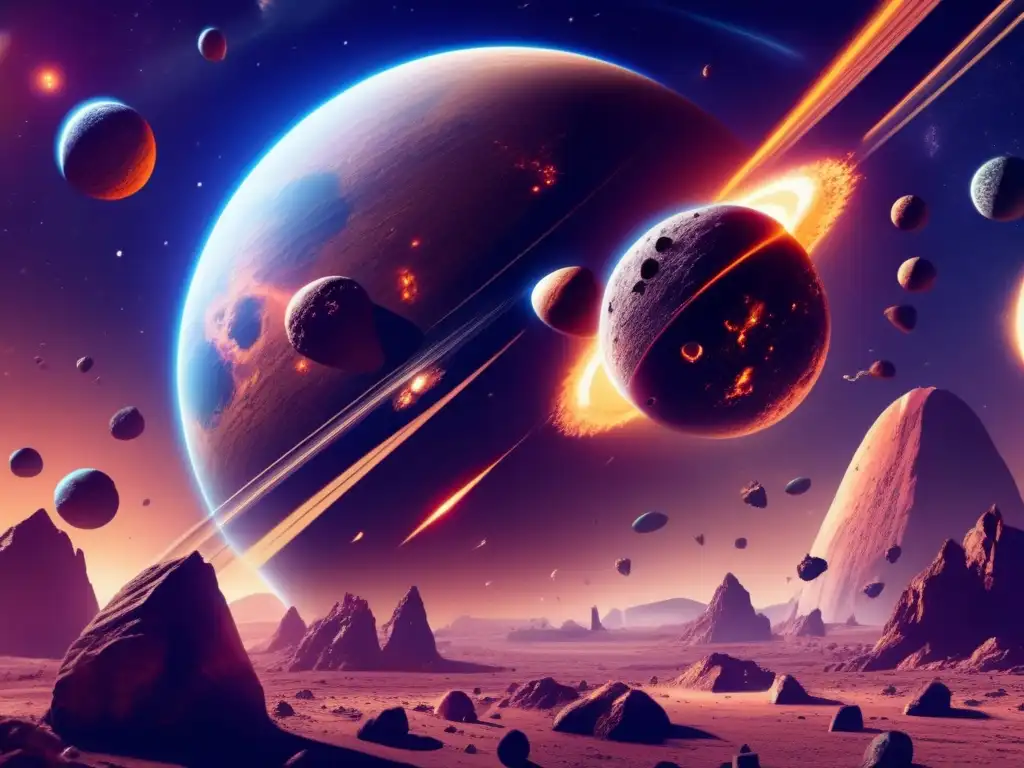 A photorealistic depiction of a planet, threatened by multiple asteroids in various shapes and sizes