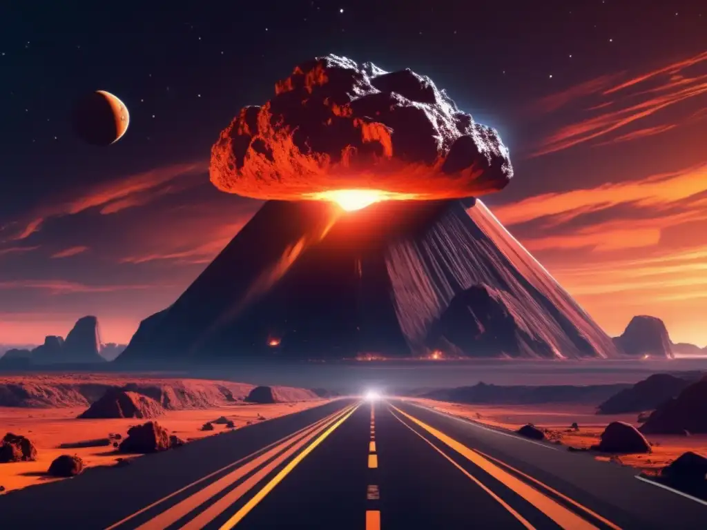 A giant asteroid approaches Earth, casting an eerie orange glow over the landscape below