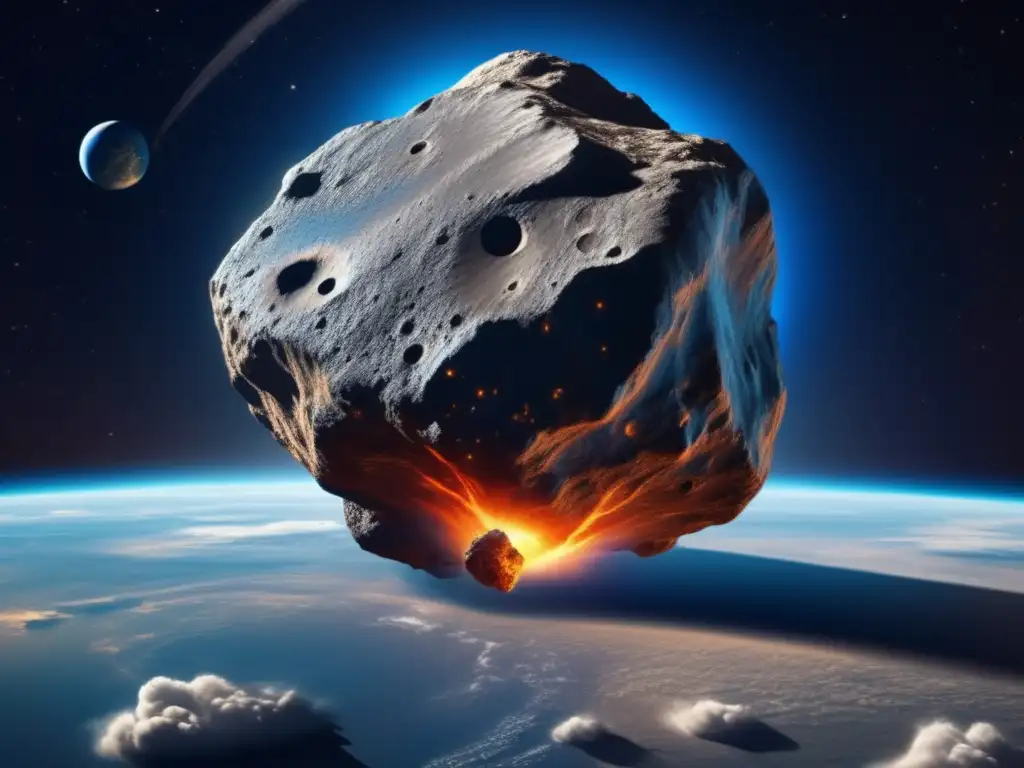 A photorealistic asteroid approaches Earth in the depths of space, its jagged edges and rough surface textured in stunning detail