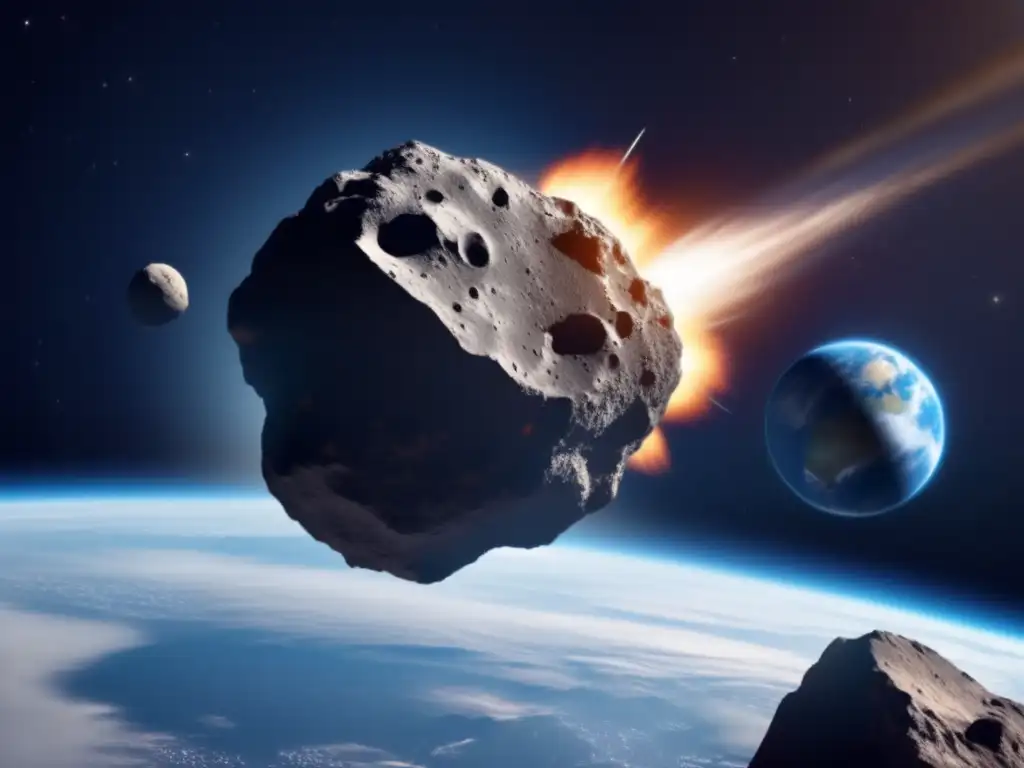 Danger lurks as an asteroid, with jagged edges and smoke, approaches Earth in this photorealistic image