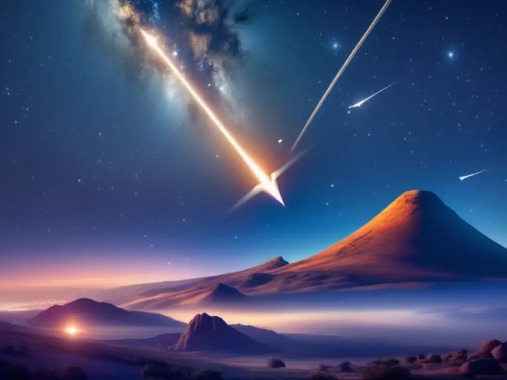 A stunning, photorealistic portrait of a star-streaked night sky, with a mesmerizing asteroid arrow dominating its foreground