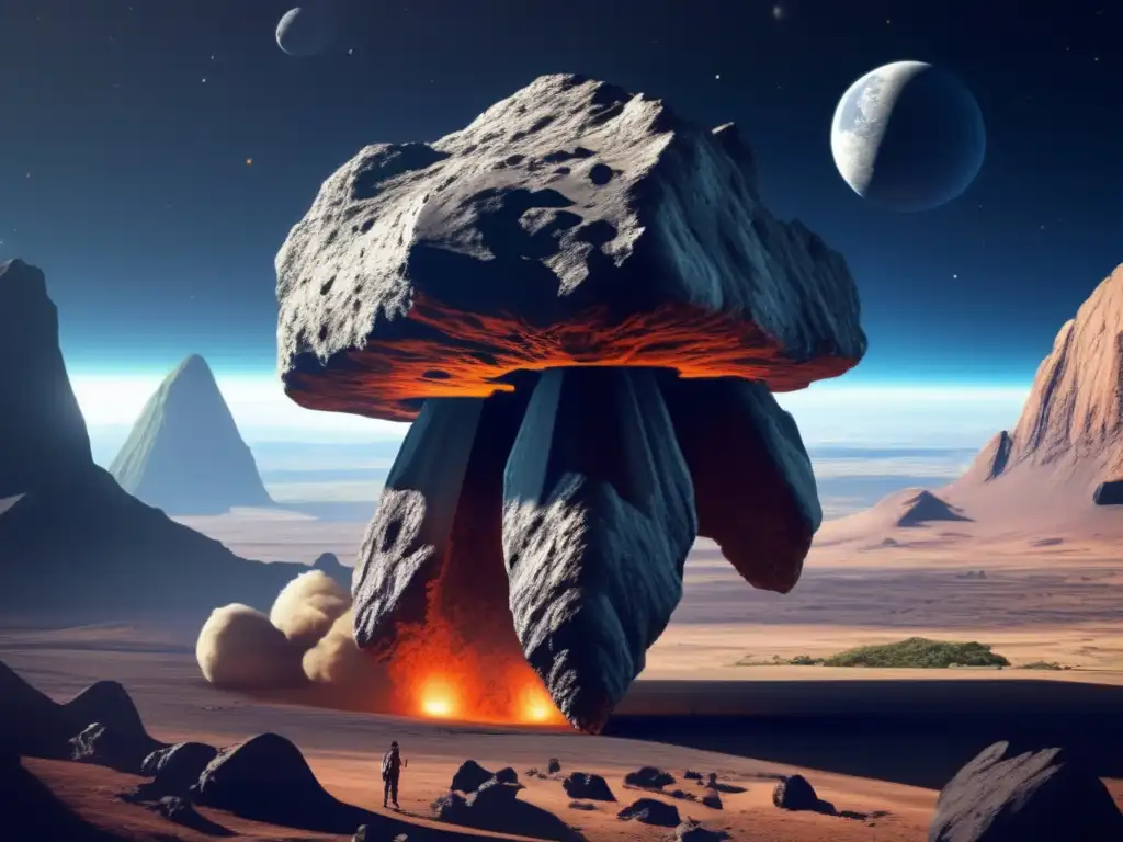 An ancient asteroid, like a mountain, dominates the serene paleontological landscape