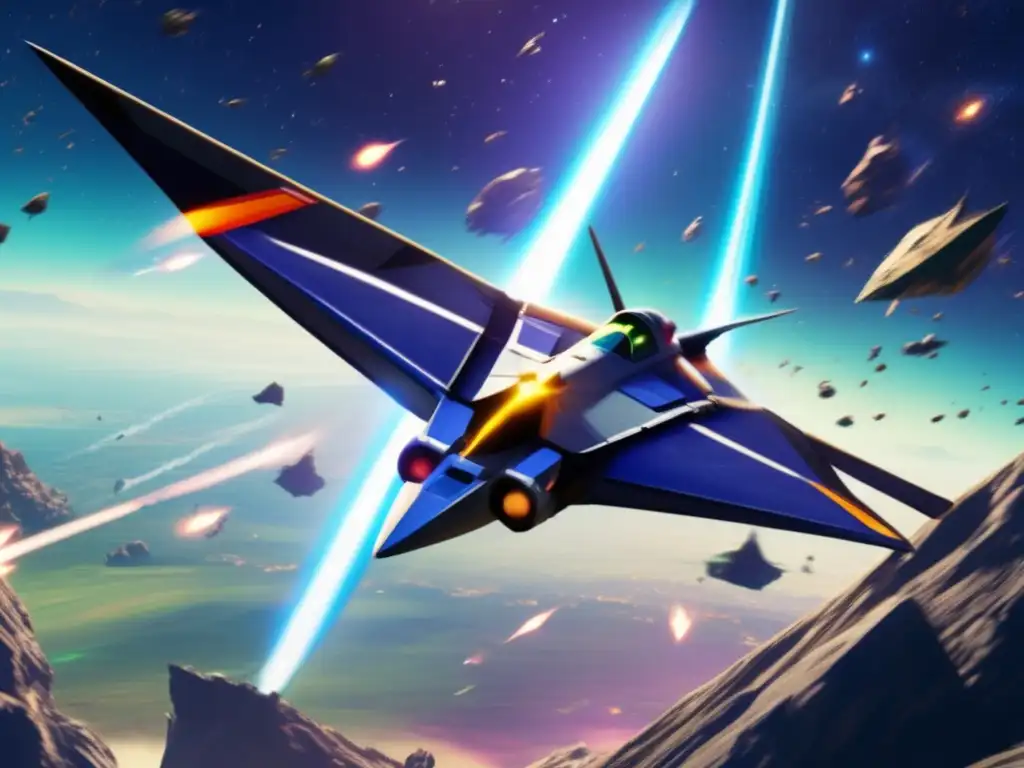 A breathtaking photorealistic image of Skipper flying his Arwing through a dense asteroid field in 'Star Fox'
