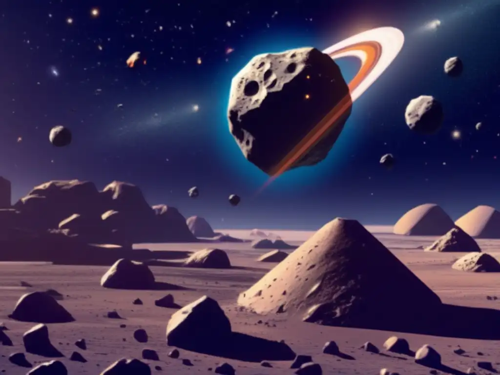 A breathtaking image of a spacecraft soaring over a field of asteroids, each with unique shapes and sizes