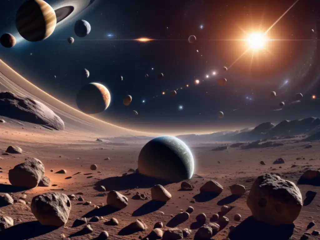 In this breathtaking image, we see a photorealistic depiction of the asteroid belt orbiting the sun, with distant planets visible in the background