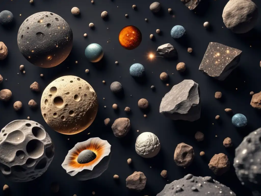 A captivating photo of an asteroid belt, teeming with diverse asteroids of varying sizes and textures against a black backdrop