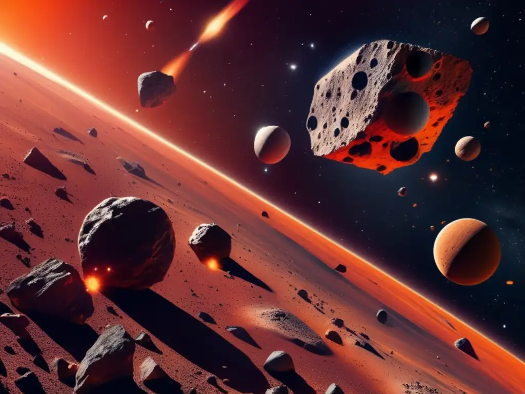 A stunning photorealistic image of an asteroid belt in space, with a vivid red and orange color scheme, realistic space dust and debris