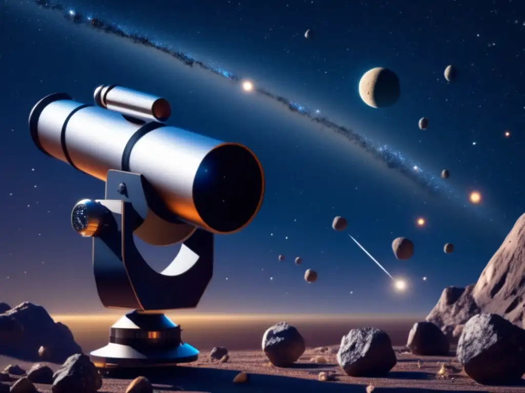 Marvel at the stunning photorealistic image of a telescope pointed towards the asteroid belt