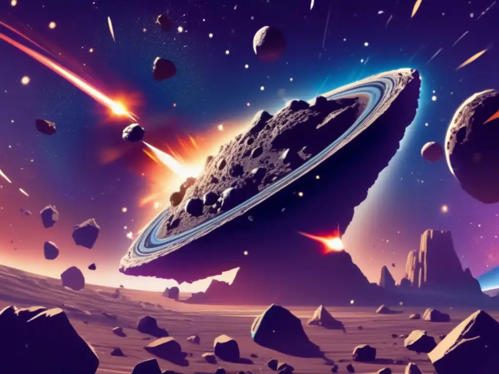 A captivating image of an asteroid belt in space, with jagged asteroids flying about, lighting up the scene with sparks and debris