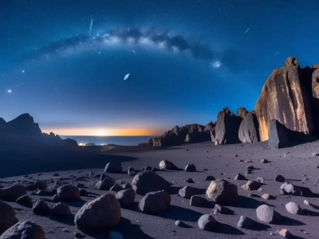 A stunning photograph of a clear night sky, showcasing jagged, rocky asteroid cliffs in the foreground, illuminated by the lunar glow