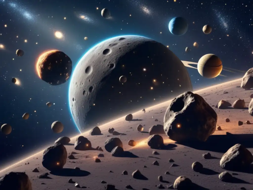 A stunning photorealistic depiction of the asteroid belt, featuring dynamic lighting and astrophoto-quality detail of varied asteroids shapes, textures, and sizes, set against the vastness of deep space with visible constellations in the distance