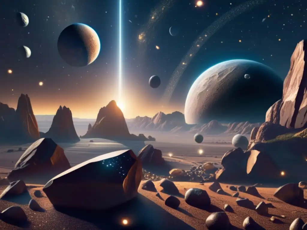 A sleek asteroid belt depicted in photorealistic style with intricate details on the rocks and a vast, expansive background showcasing a nearby planet