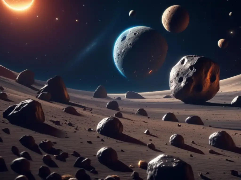 A breathtaking close-up of an asteroid belt viewed from a far-off spacecraft, with each asteroid showcasing its unique shape and texture