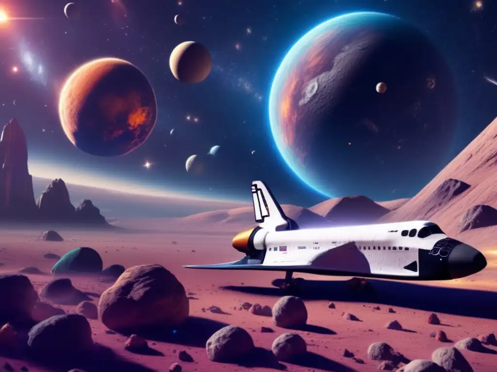 Dash - A photorealistic depiction of an asteroid belt in space, featuring an intricate and buzzing space shuttle surrounded by exotic otherworldly planets and nebulas in the background