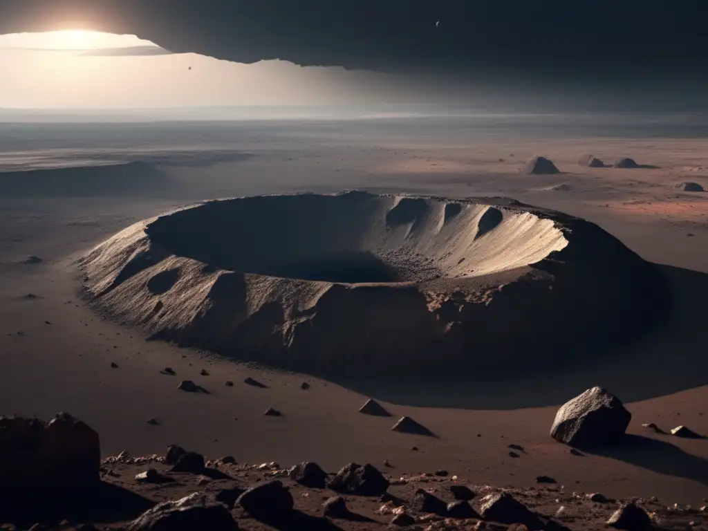 In this photorealistic painting, an ancient, barren desert dominates the scene with a massive asteroid crater at its center