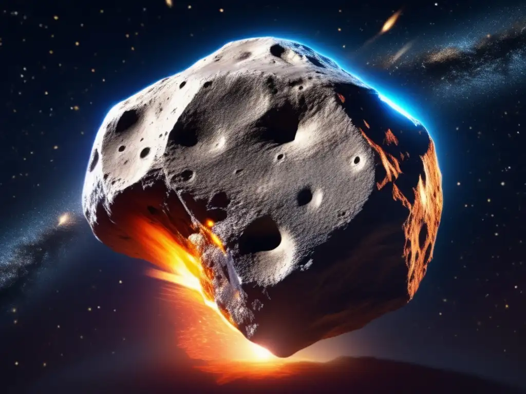 Bright asteroid blazes into space, sharp details and reflections stand out against the black background, twinkling stars soar in the distance