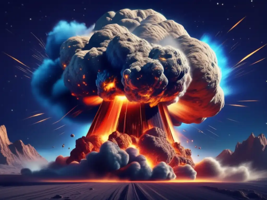 A photorealistic image of a massive nuclear blast blasting apart a colossal asteroid, illuminating intricate details in the explosion's aftermath