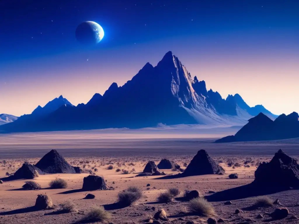 A lonely expanse of earth and sky, with towering mountains in the background, an asteroid floating overhead, and a poor rocky terrain