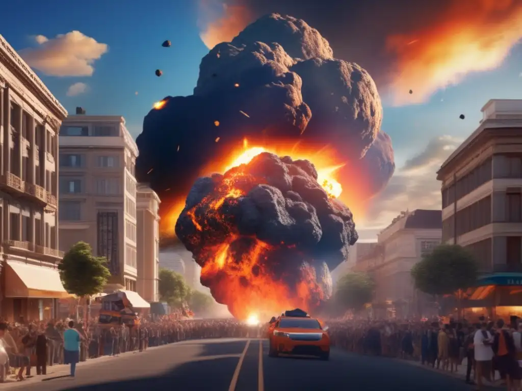 A monstrous asteroid, the famed Olivier's Meteor, descends upon a vibrant city during a jubilant parade