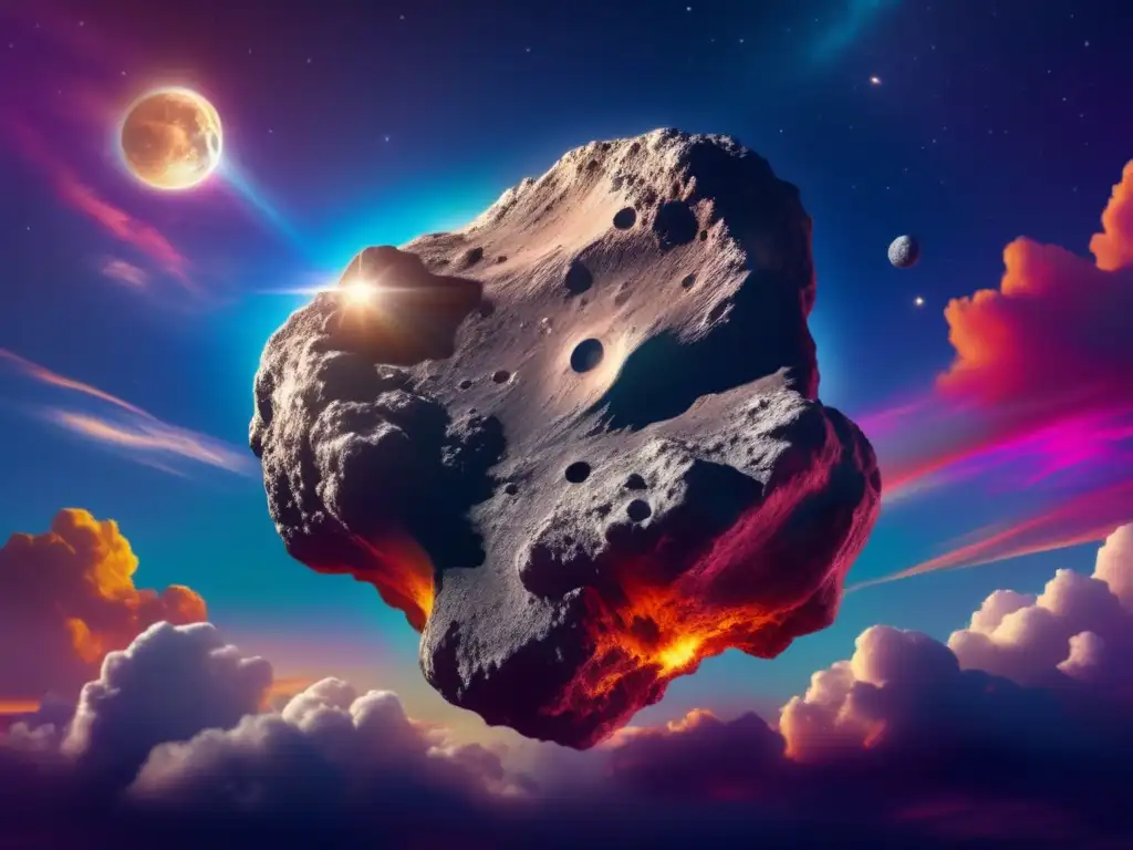 A breathtaking photorealistic image of an asteroid glistening in the sky, surrounded by vibrant, swirling clouds, with a subtle hint of shimmering light in the background - A symbol of the moon, reminding us of our place in the cosmos and the wonders that exist beyond our Earthly realm