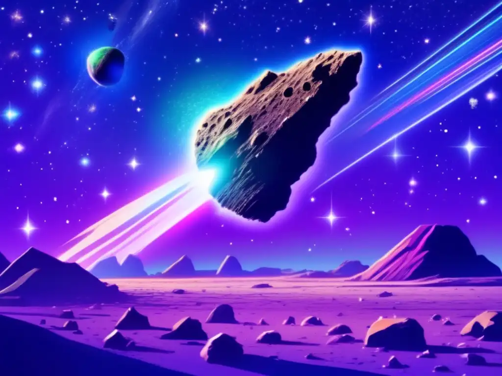 A jagged rocky asteroid streaks through a sea of glittering stars, zooming into view on the left-hand side