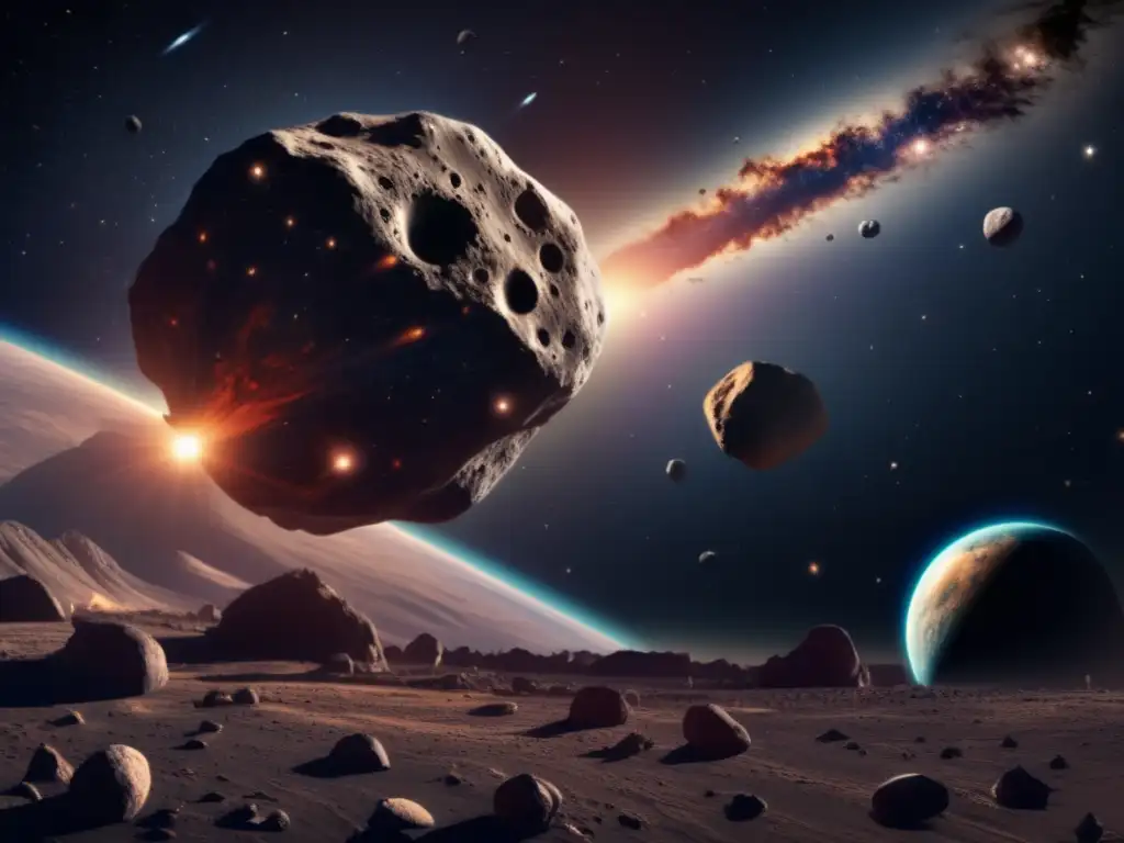 A photorealistic depiction of a massive asteroid piercing through the cosmos with intricate details of its craters and rocks