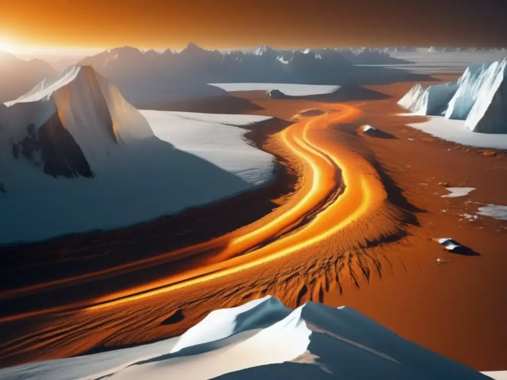 A thrilling image of an orange asteroid carving through a snowy glacier, creating new paths as it moves