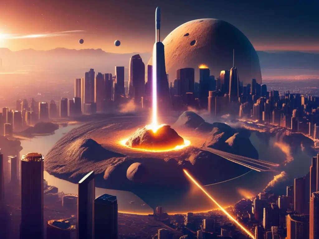 The image captures the surreal beauty of a colonized asteroid city, with towering skyscrapers and bustling streets