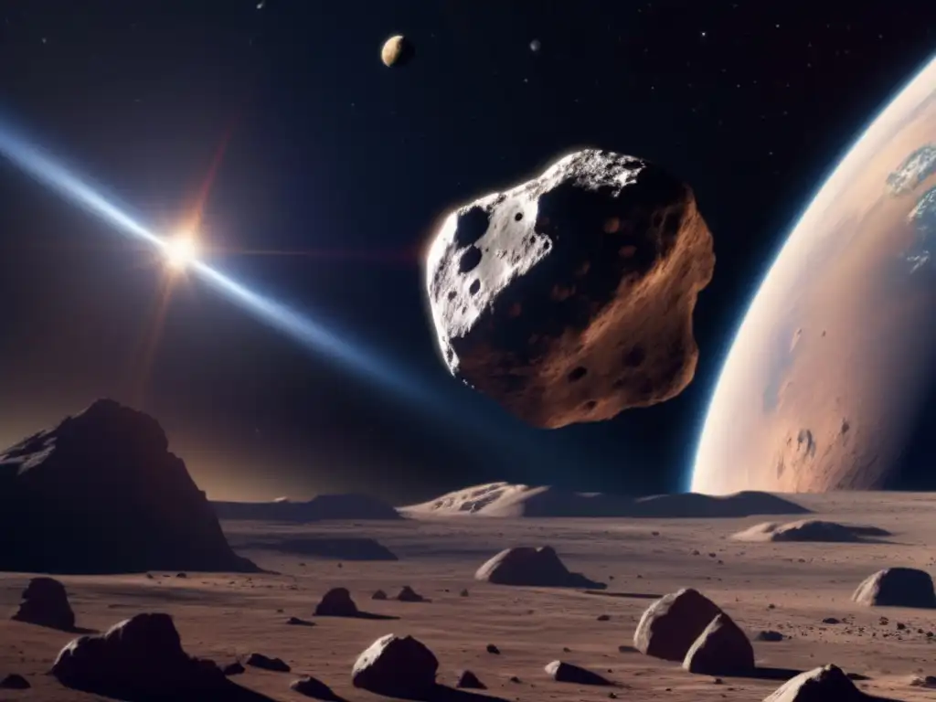 Dash: An asteroid's colossal looms in the foreground, casting dramatic shadows as Earth infinitesimally appears in the background