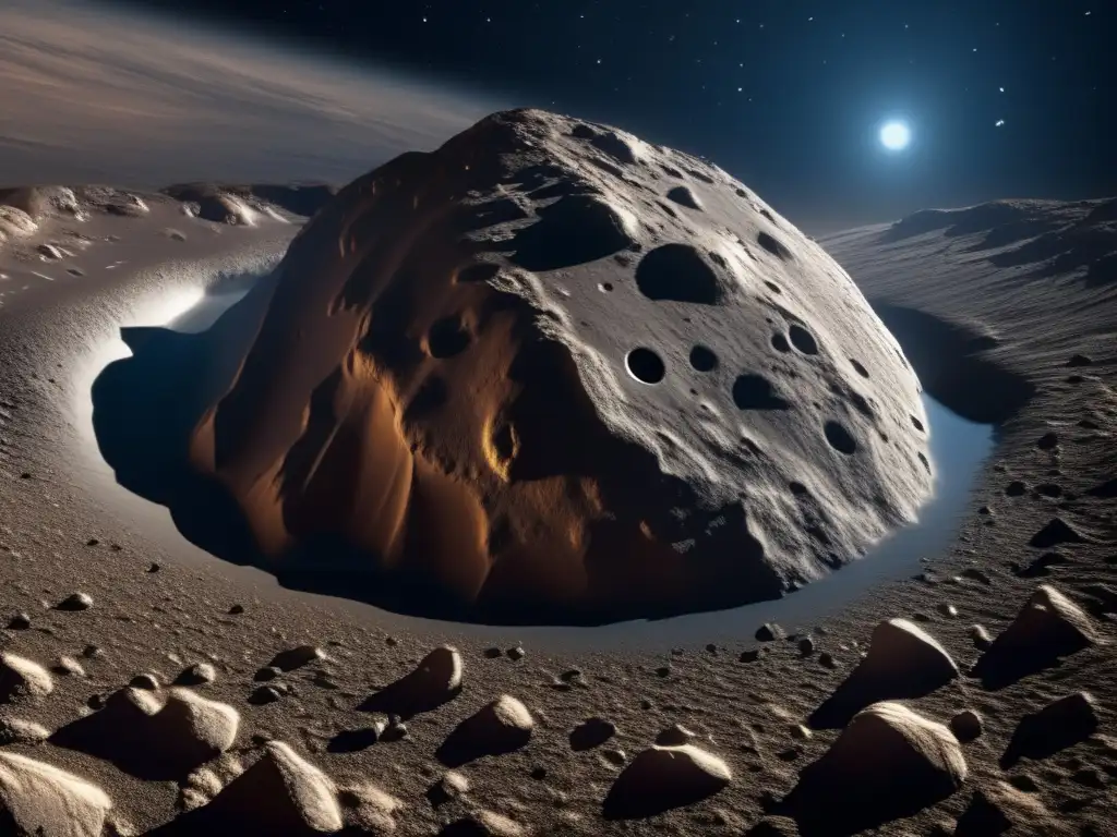 Dwarfed by the vast cosmos, this asteroid's closeup view reveals intricate patterns, jagged rocks, and a flow of water at its core