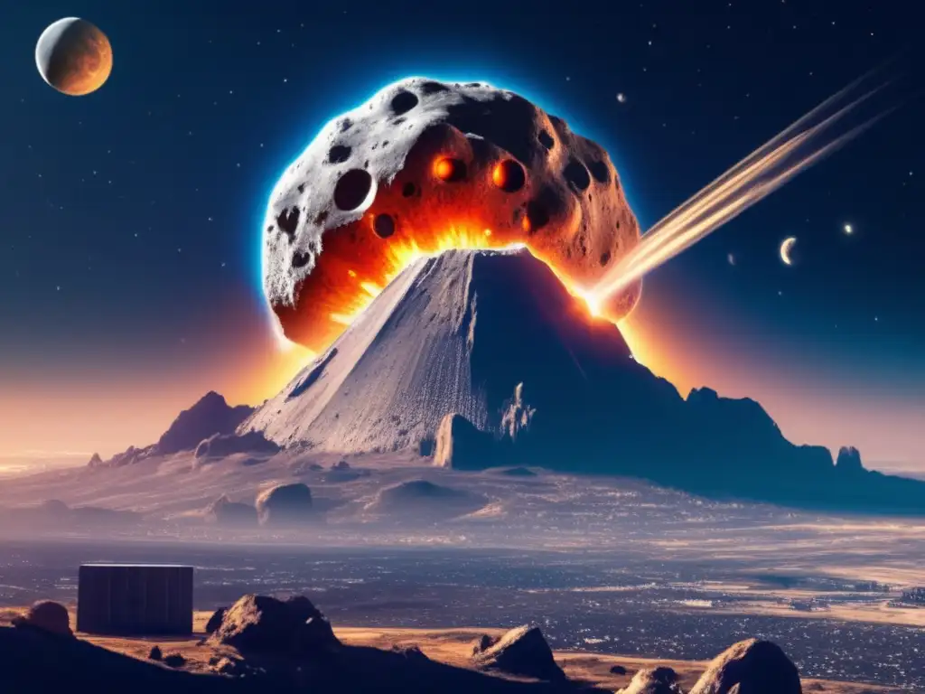 Here's an ALT text for the image: 
- A stunning closeup photograph of an asteroid approaching Earth, with a city or Human settlement visible in the background