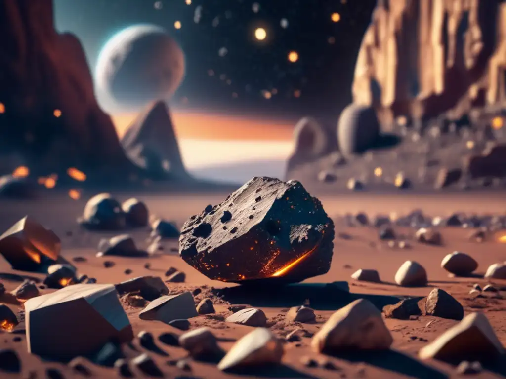 Dash: A breathtaking photorealistic depiction of an asteroid field in space, with a detailed closeup of a small asteroid commanding attention amidst fascinating rock formations and debris