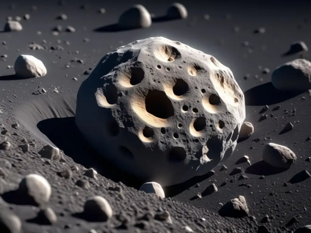 A detailed 8k ultradetailed image of an asteroid in space, with a dark background highlighting its glowing surface