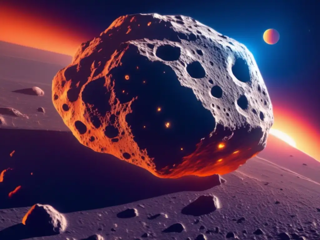 A surreal imagery of an asteroid in a deep shade of orange, tinted blue and red