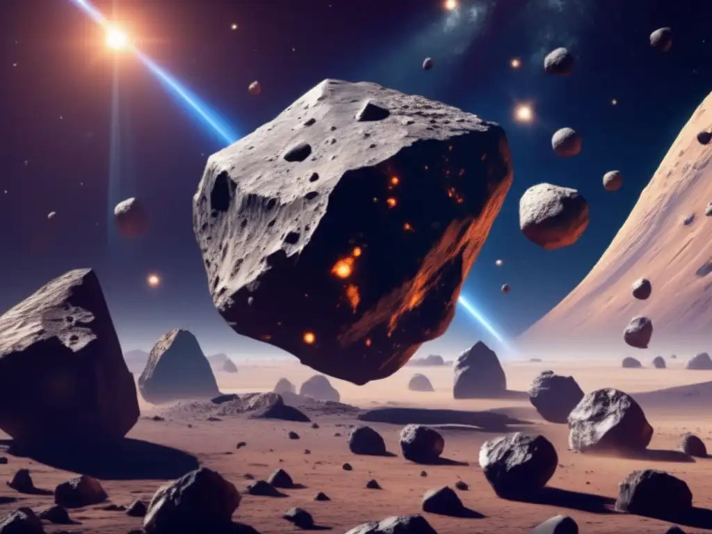 A captivating depiction of a cluster of asteroids, with the largest one in the center