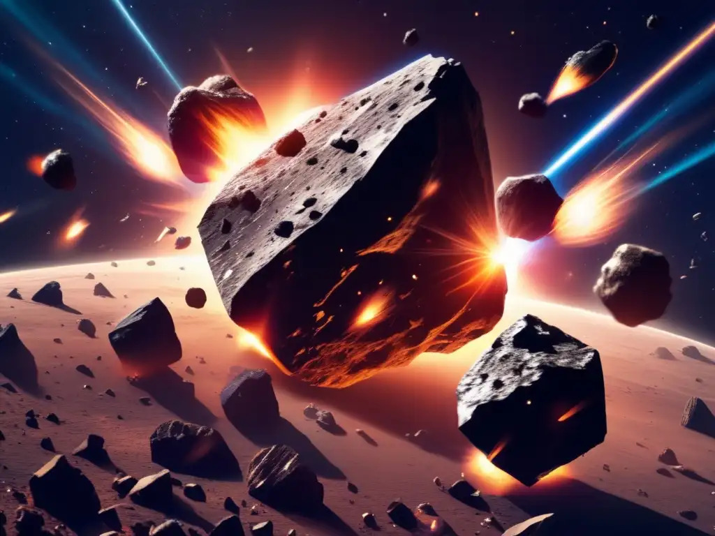 Asteroid explosion in space with rising dust and debris swirling around it