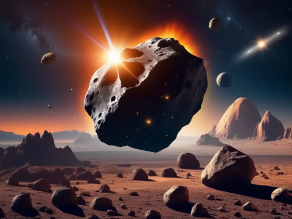 A captivating image of a large asteroid illuminated by a nearby star, surrounded by smaller asteroids in the vast, dark expanse of space
