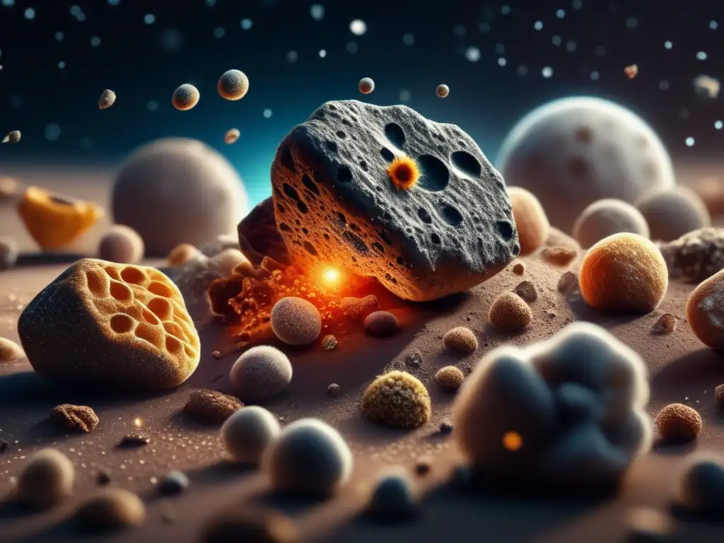 A captivating photorealistic image of a microscopic cosmos, displaying a cluster of asteroids peppered with intricate microorganisms,--