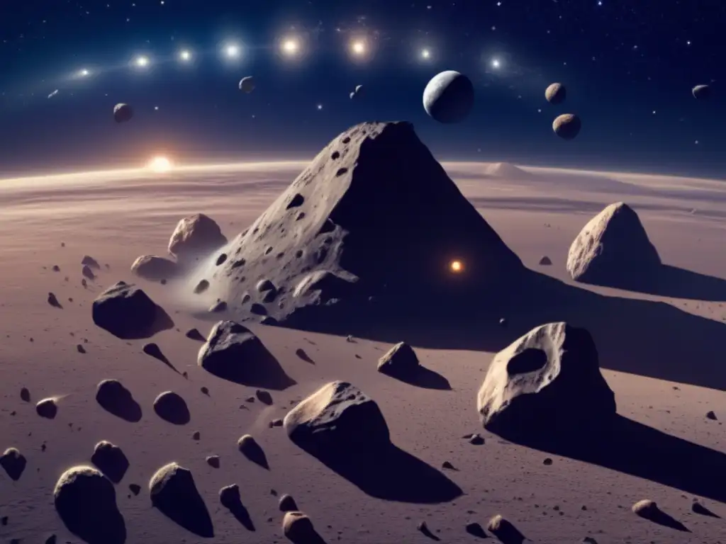 Six asteroids, ranging in size and uniqueness, gather in a system, each boasting its own distinguishable features like craters and jagged rocks