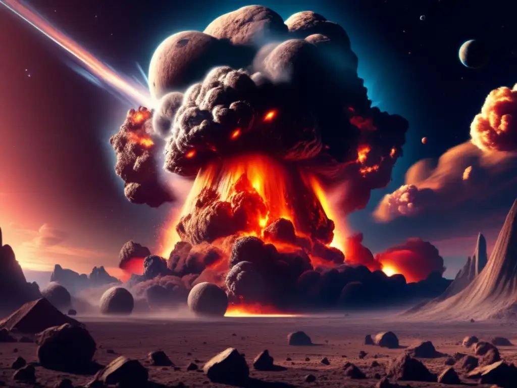 A photorealistic depiction of an asteroid colliding with a planet's atmosphere, causing a massive explosion reminiscent of a mushroom cloud