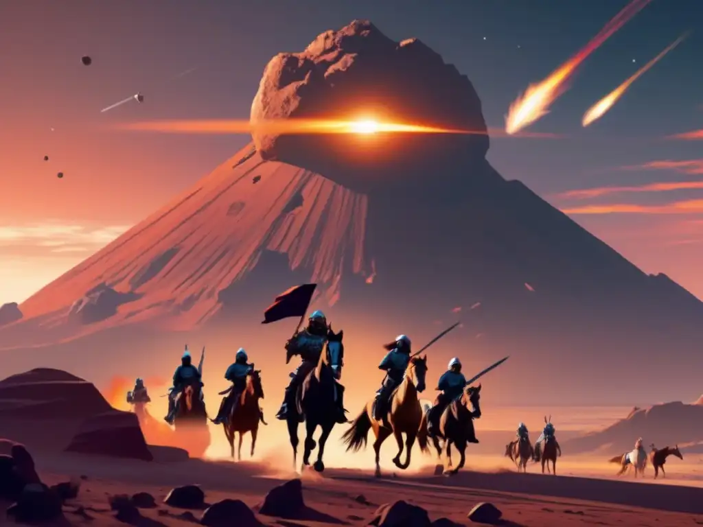 A jagged, metallic asteroid descends towards the sunset, illuminating the fiery sky, while Apache warriors and horses stand guard on rugged terrain