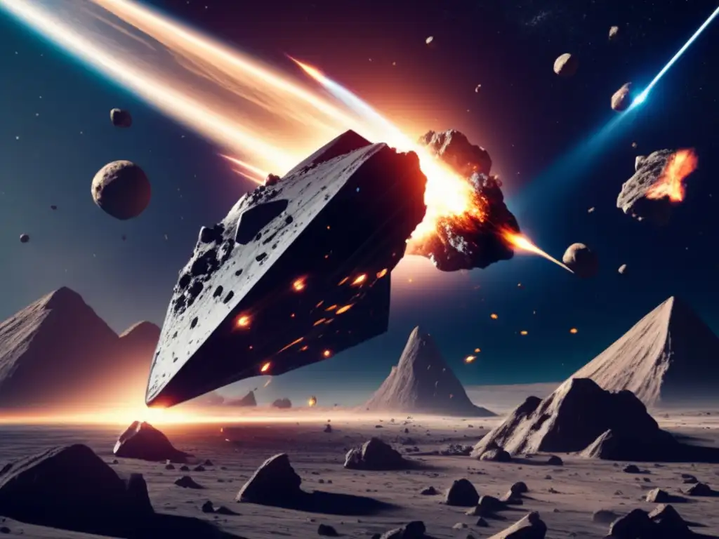A breathtaking photorealistic image of a kamikazestyle asteroid collision with a futuristic spaceship named the 'Bucaneer'