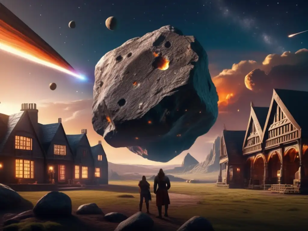 A photorealistic depiction of a celestial collision, with ancient structures in Old English style and a colossal asteroid barreling towards them