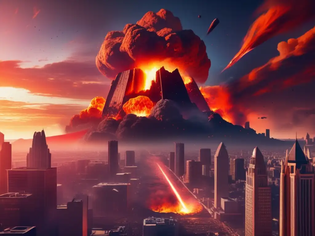 A massive asteroid, Lucifer's Hammer, crashes into a bustling city skyline, showing the devastation and chaos caused by the collision