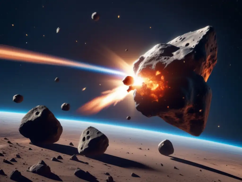  A photorealistic image of an asteroid collision in space-two jagged and smooth asteroids collide-Visible impact marks and debris