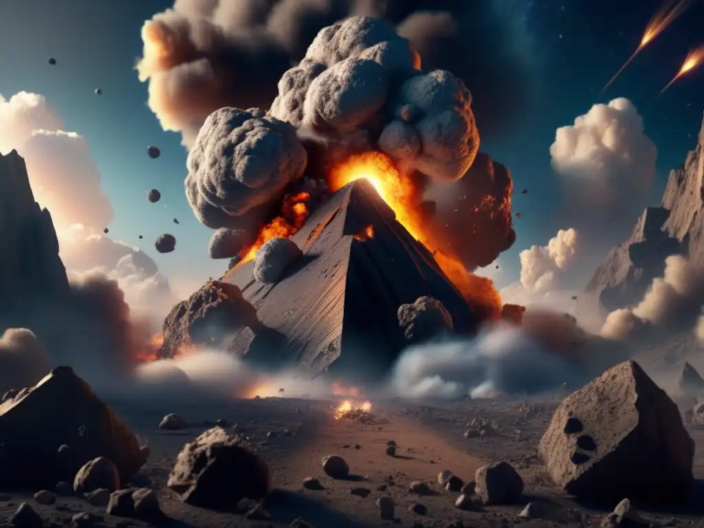 A photorealistic image of an asteroid collision, showcasing debris and smoke, emphasizing the destructive impact of these collisions due to their measured size and power
