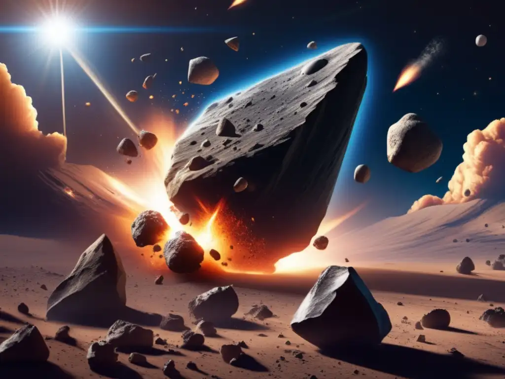 Astrophysics: A stunning photorealistic image of multiple asteroid collisions in space, resulting in a cloud of debris and dust